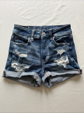 American Eagle Outfitters Blue Distressed Next Level Stretch Hi-Rise Shortie